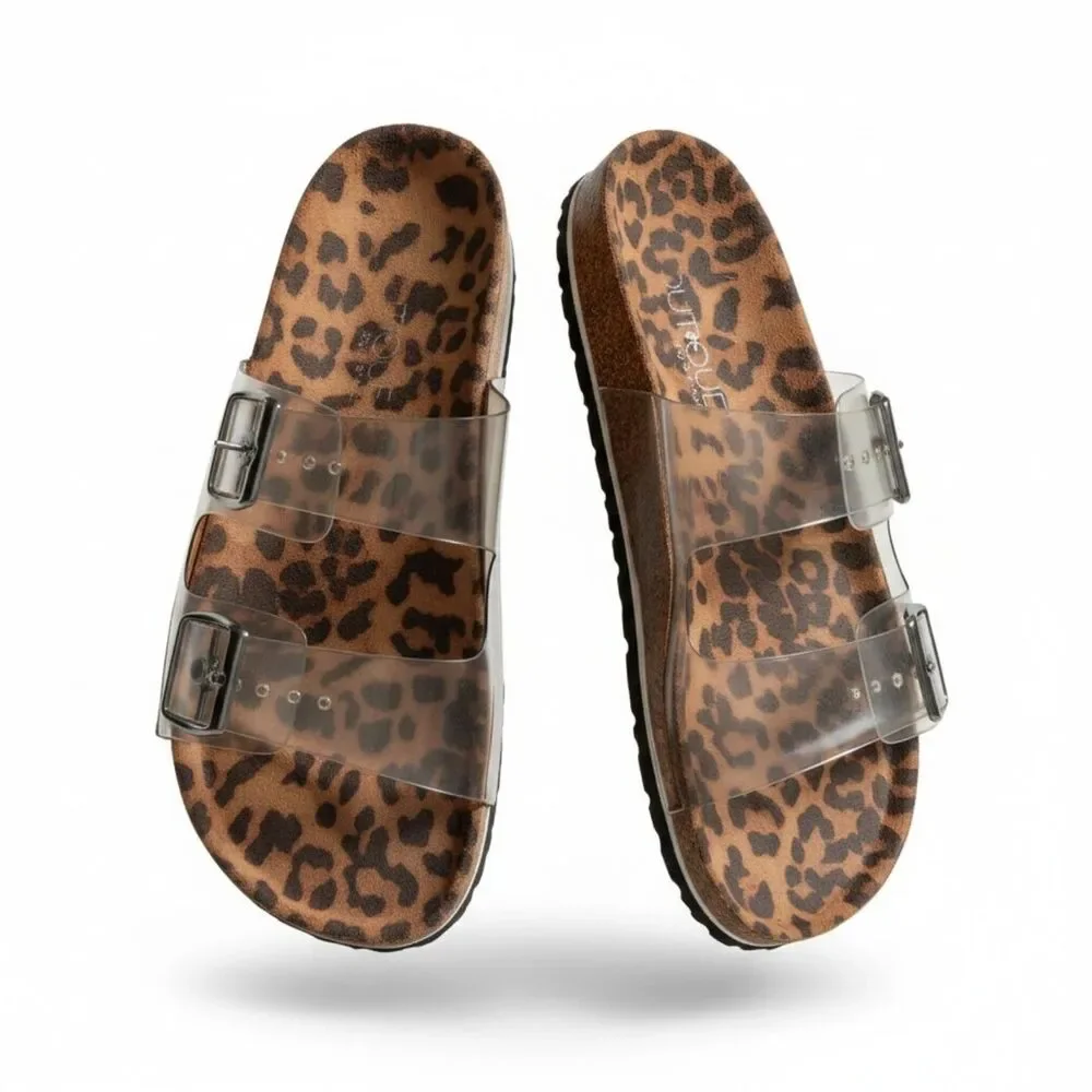 BOUTIQUE by Corkys Leopard Platform Sandals Clear Double Buckle Cork Slides